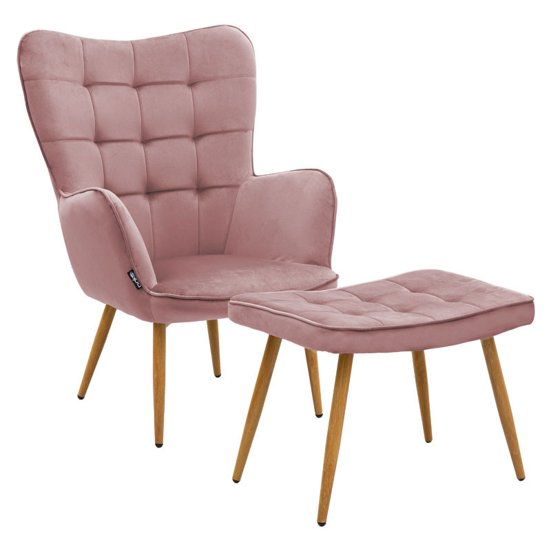 Fotoliu Maddison cu suport pentru picioare - perna catifea mar putred - culoare lemn natural 68x72x98cm