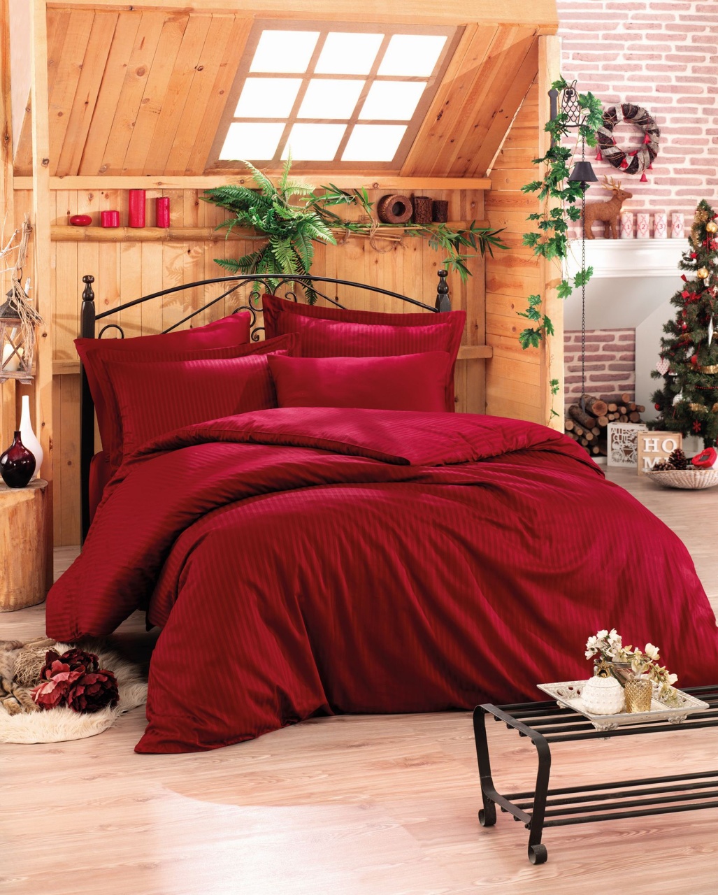 Lenjerie de pat dublu, Bumbac 100% Satinat Model Stripe Claret Red v2