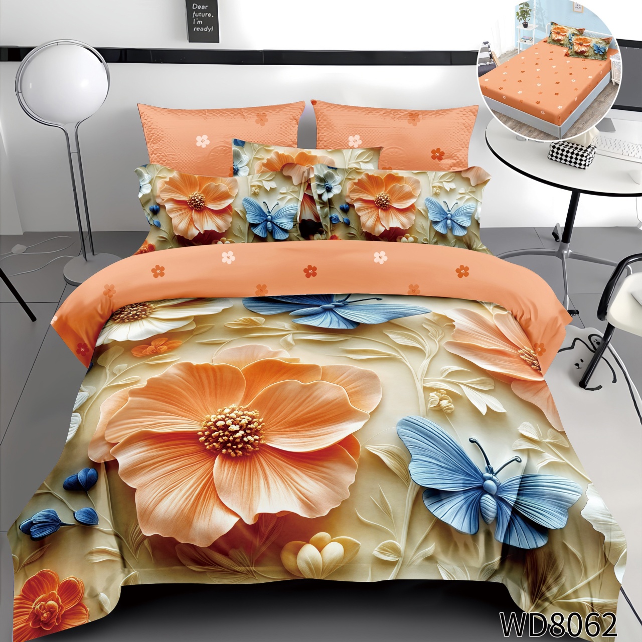 Lenjerie de pat Finet 5D Digital Print cu elastic – 4 piese, Butterfly Blossom Meadow