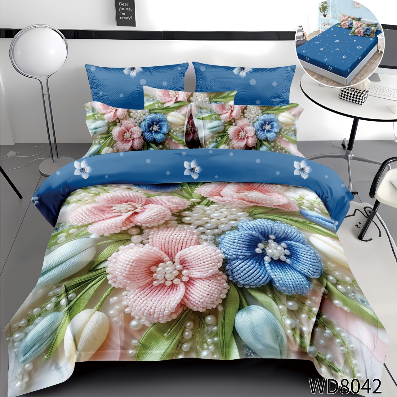 Lenjerie de pat Finet 5D Digital Print cu elastic – 4 piese, Crystal Pearl Flowers