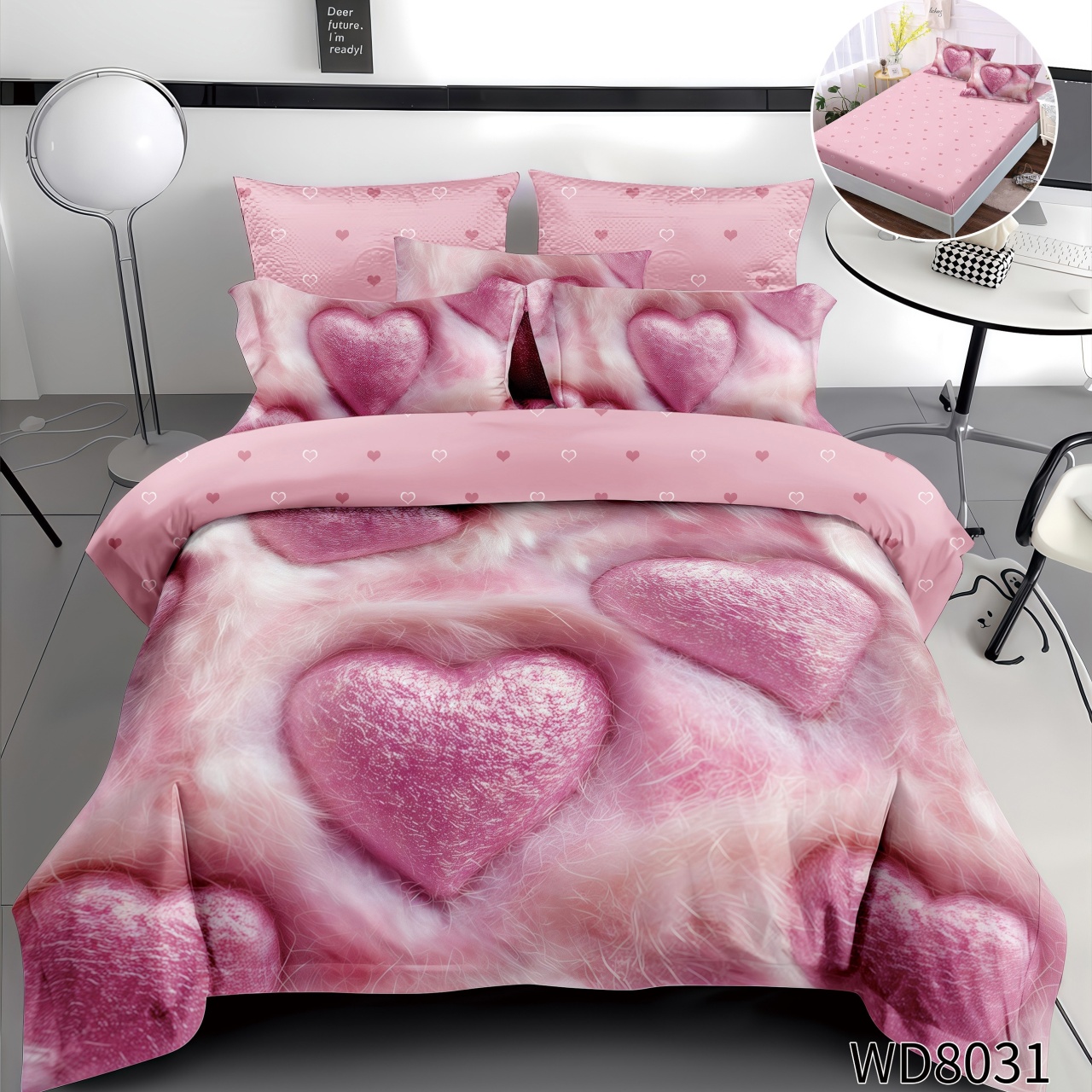 Lenjerie de pat Finet 5D Digital Print cu elastic – 4 piese, Pink Velvet Hearts