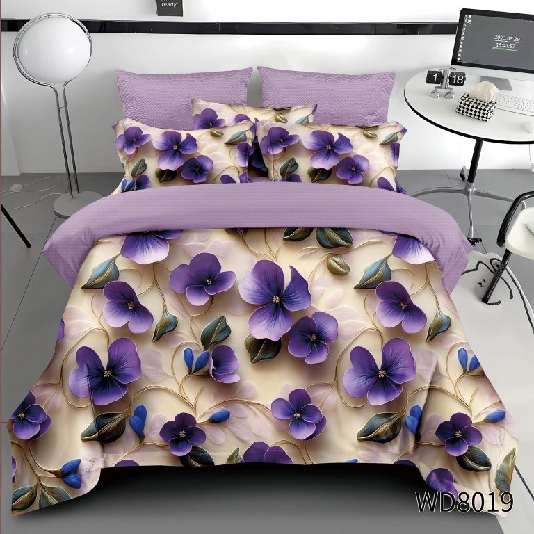 Lenjerie de pat FINET 5D Digital Print cu elastic – 4 piese, Purple Petals