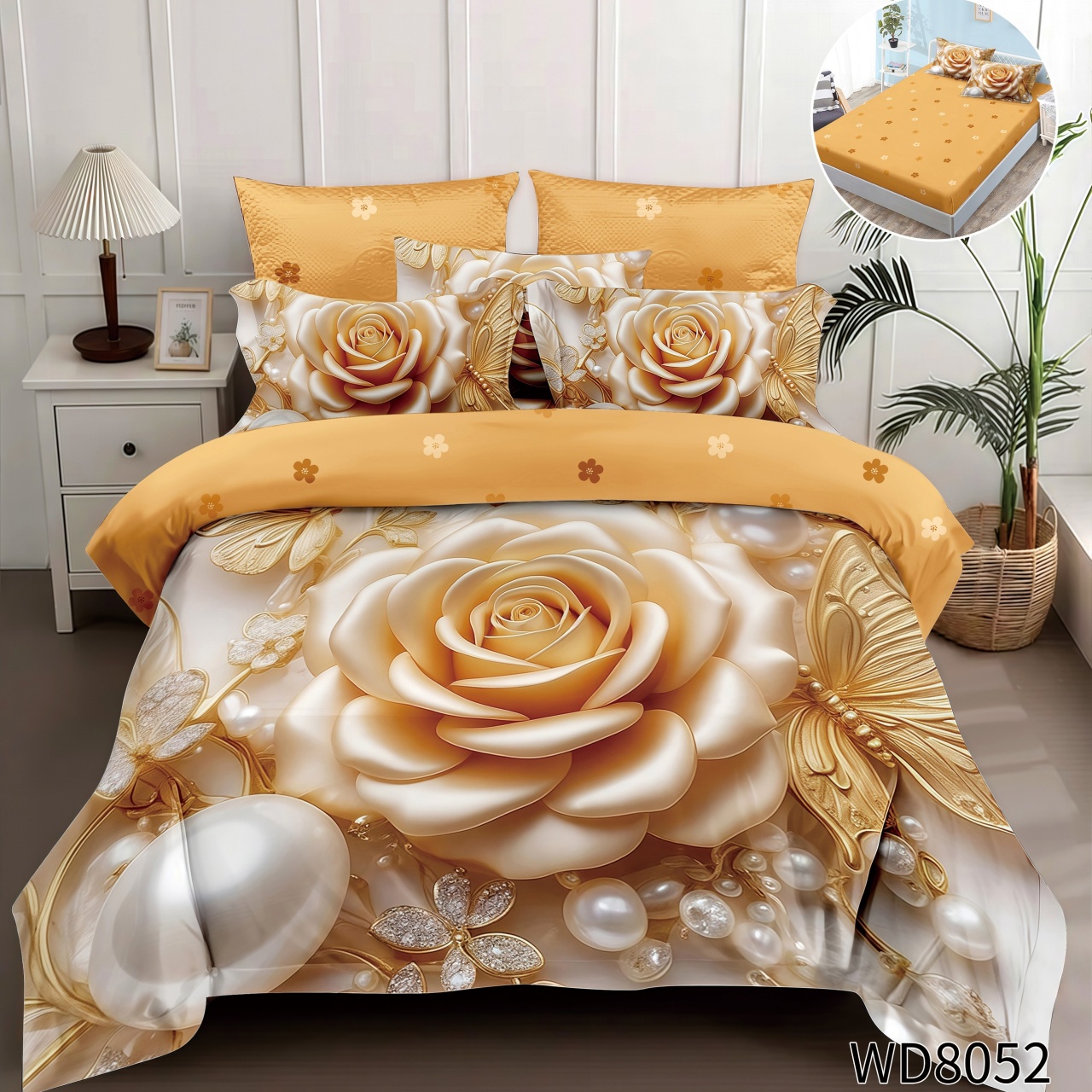 Lenjerie de pat Finet 5D Digital Print cu elastic – 4 piese, Royal Pearl Rose