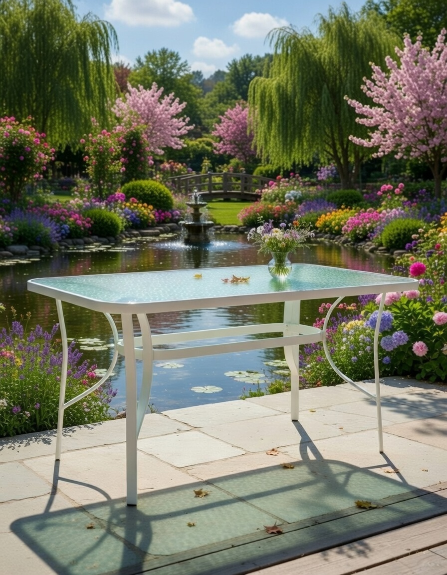 Masă grădină, Pako World, model Ensure, Metal si Sticla Securizata, Alb, 120 x 70 x 70 cm