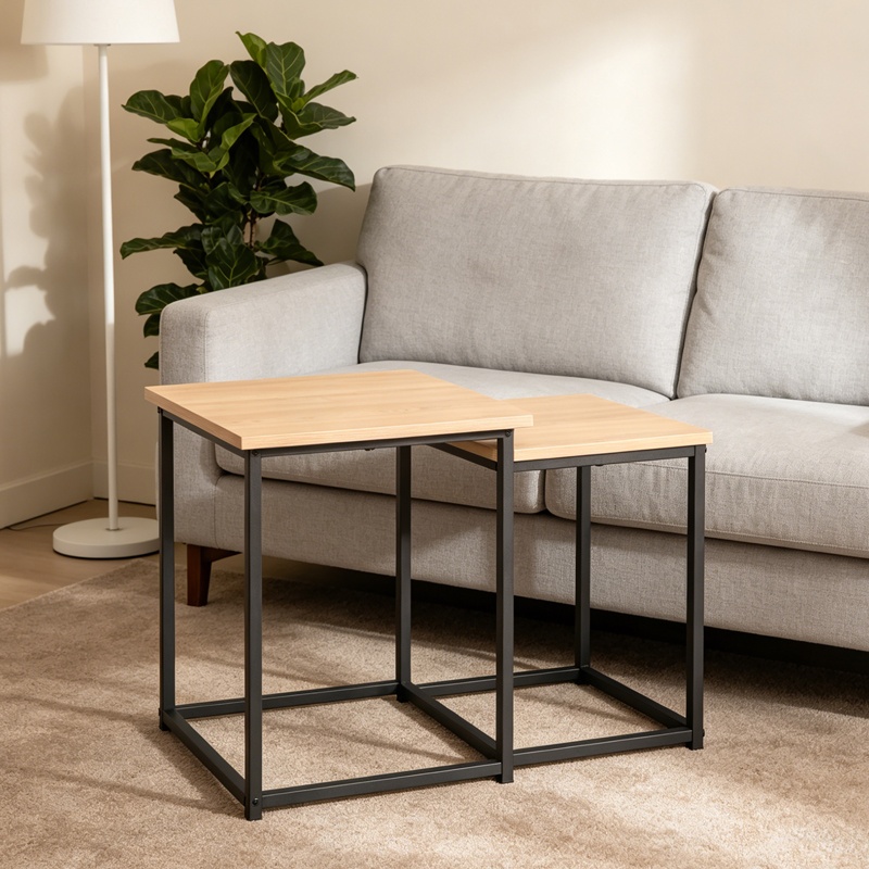 Set 2 măsuțe auxiliare Quano, Natur/Negru, 40 × 40 × 50 cm / 35 × 35 × 45 cm