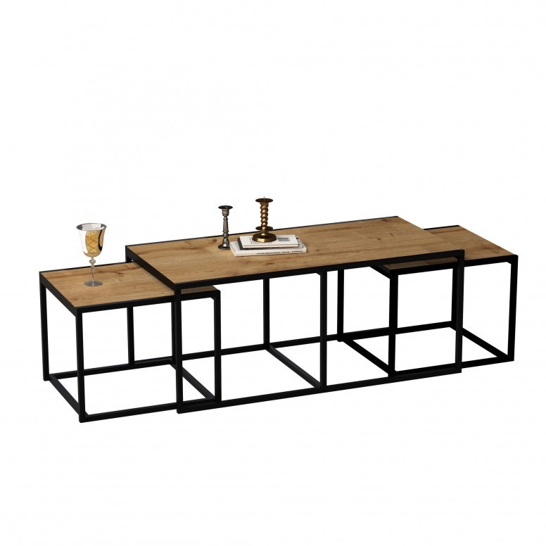 Set 3 Masute de Cafea Model Banks, 120x60x50/60x60x45 cm, Stejar/Negru - 3 | YEO