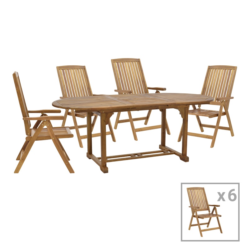 Set masa de gradina si 6 scaune, Model Zerco-Sopho, culoare natural, lemn masiv de salcam, 200/150x100x75 cm