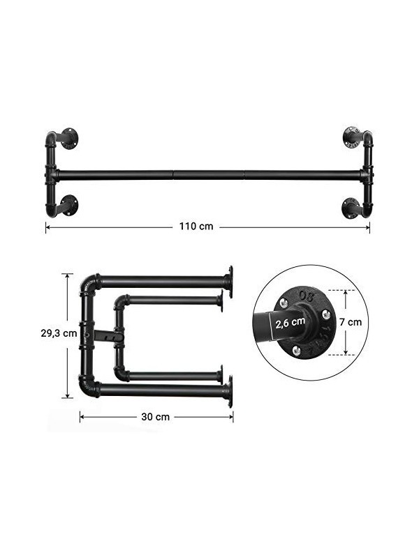 Suport pentru haine montat pe perete, Songmics, Negru, HSR64BK, 110 x 30 x 29 cm - 3 | YEO