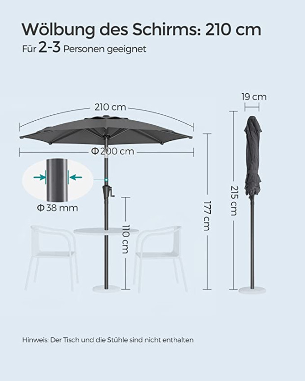 Umbrela de soare, Songmics, 30 grade, 210 cm, UPF 50+, Gri - 3 | YEO