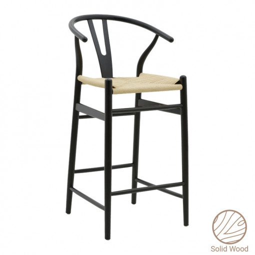 Scaun de bar Model Wishbone, Natur/Negru, 53x54x107 cm