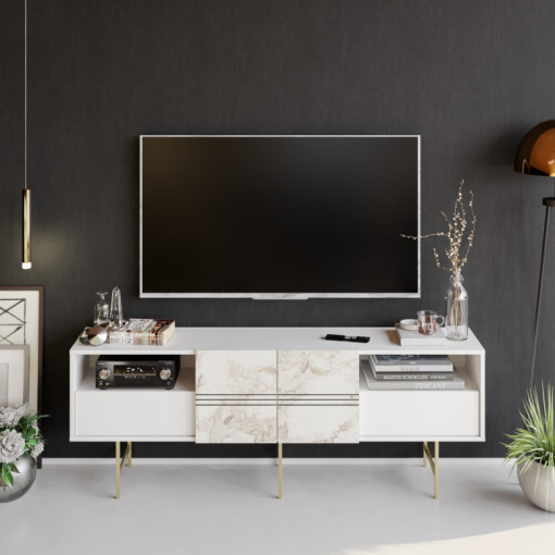 Comoda TV Salvador, Model Derin, 180x64.7x37.1 cm, Alb