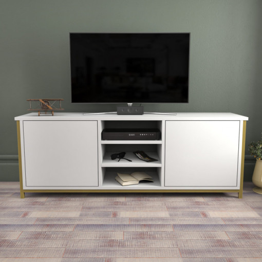 Comoda TV Salvador, Model Otis, 140x50.8x35.3 cm, Auriu/Alb