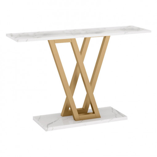 Consola Model Wirmo, Alb marmorat/Auriu, 110x30x80 cm