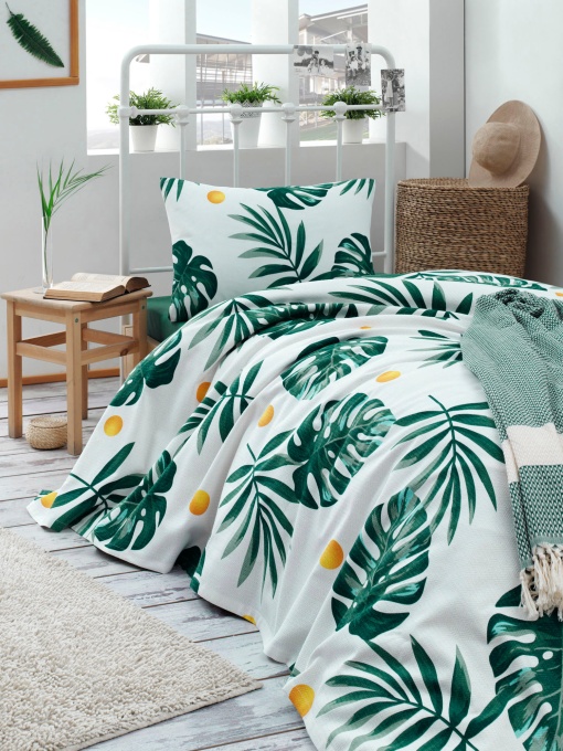 Set Cuvertura Pique pentru pat 1 Persoana Model Monstera Green