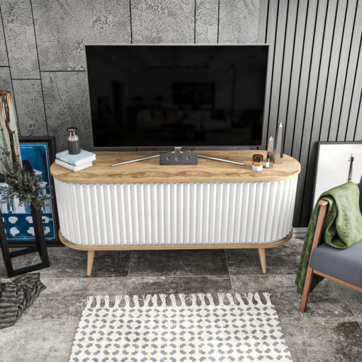 Comoda TV Salvador, Model Stor, 140x64x43 cm, Stejar/Alb