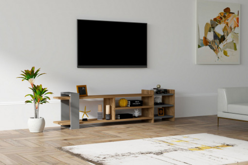 Comoda TV Salvador, Model Zeyna, 156x40x29.6 cm, Stejar/Gri