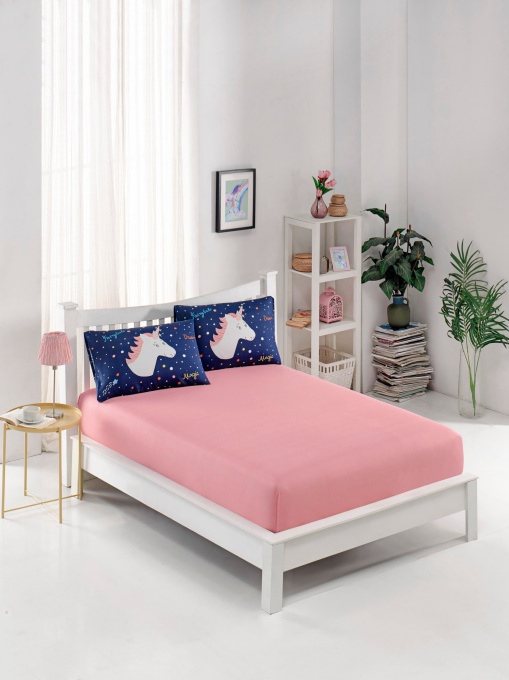 Cearsaf cu elastic si fete de perna Model Magic Unicorn
