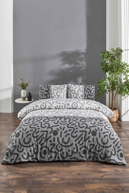 Lenjerie de pat 1 Persoana Model Doodle Black
