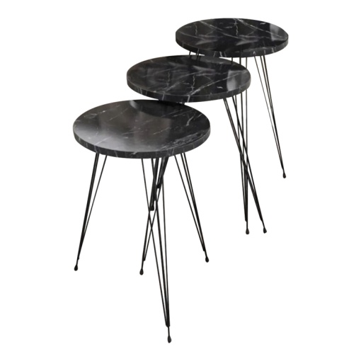 Set 3 Masute Laterale Model Wakmi, Negru marmorat/Negru