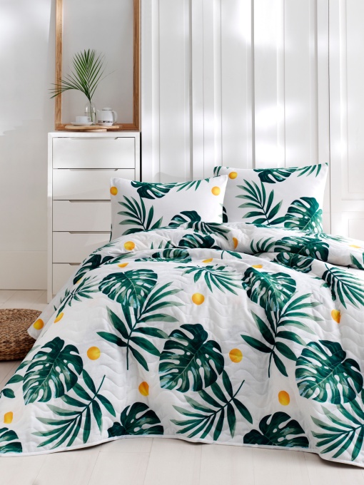 Set Cuvertura de pat 1 Persoana Model Kapitone Monstera Green