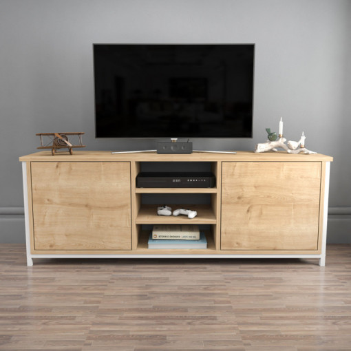 Comoda TV Salvador, Model Otis, 140x50.8x35.3 cm, Alb/Stejar