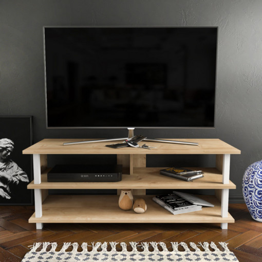Comoda TV Salvador, Model Pueblo, 120x47.4x44.6 cm, Alb/Stejar