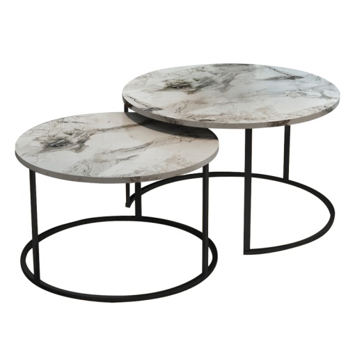 Set 2 Masute de Cafea Model Solme, Alb marmorat/Negru