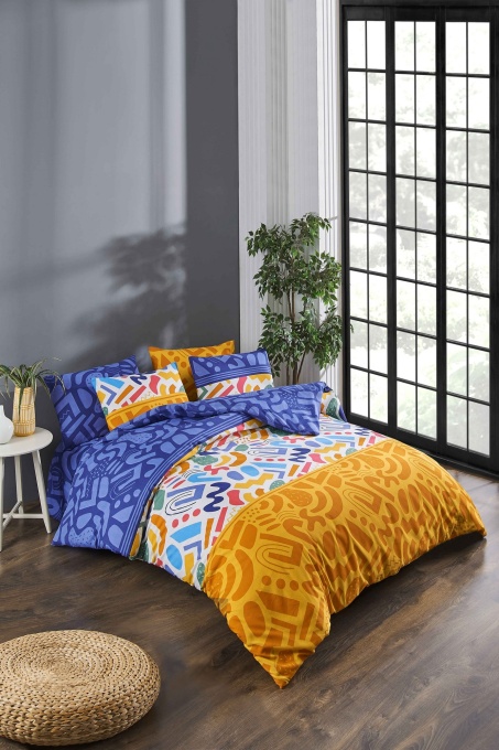 Lenjerie de pat dublu Model Doodle Fitted Multicolor