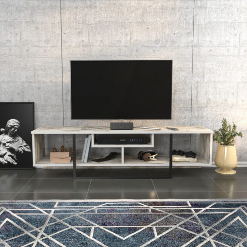 Comoda TV Salvador, Model Asal, 150x40x35.2 cm, Negru/Alb marmorat