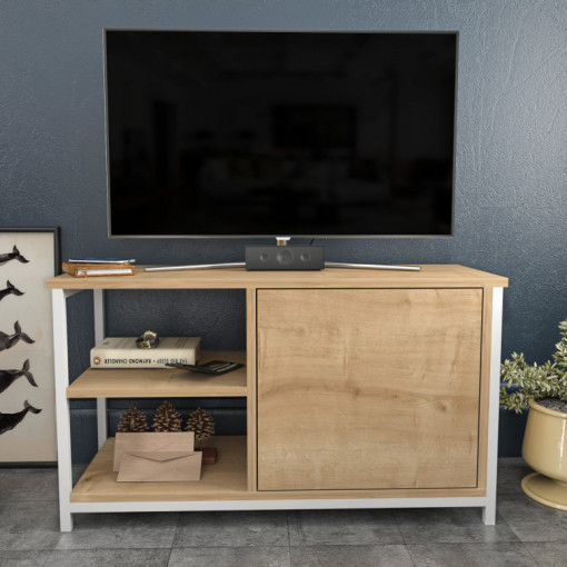 Comoda TV Salvador, Model Muskegon, 89.6x50.8x35.3 cm, Alb/Stejar