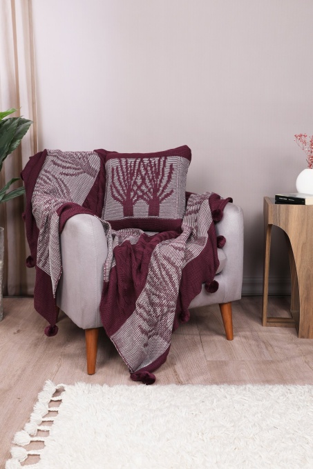 Set Cuvertura Tricotata pentru pat 1 Persoana Model Ponpon Tree Claret Red