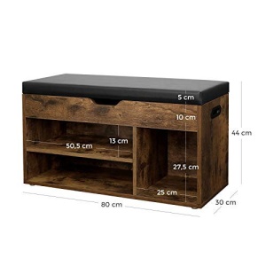 Bancă pantofar cu șezut tapițat, 3 compartimente și spațiu de depozitare ascuns, Maro Rustic/Negru, 80 × 30 × 44 cm - Img 6