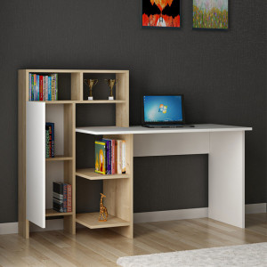 Birou cu Biblioteca Pako World, model Slate, 120x112x60 cm, Alb/Stejar - Img 3