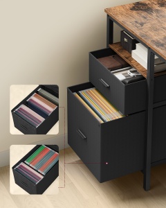 Birou pentru calculator cu 3 rafturi și 2 sertare, montaj reversibil, Maro Vintage/Negru, 140 × 60 × 76 cm - Img 5