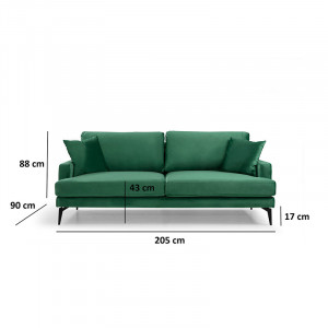 Canapea 3 locuri Fortune catifea verde - negru 205x90x88cm - Img 4