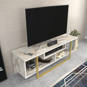 Comoda TV Salvador, Model Asal, 120x40.2x35.2 cm, Alb marmorat/Auriu - Img 4