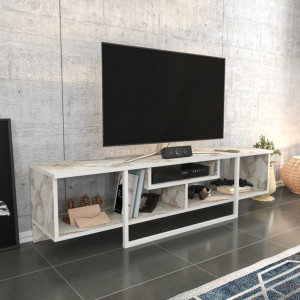 Comoda TV Salvador, Model Asal, 150x40x35.2 cm, Alb/Alb marmorat - Img 2