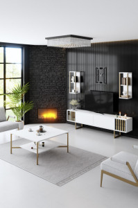 Comoda TV Salvador, Model Gold, 180x48x30 cm, Alb/Negru - Img 5