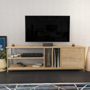 Comoda TV Salvador, Model Oneida, 140x50.8x35.3 cm, Auriu/Stejar - Img 1