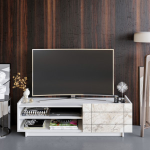 Comoda TV Salvador, Model Valantina, 140x41.4x37.1 cm, Alb/Alb marmorat - Img 2