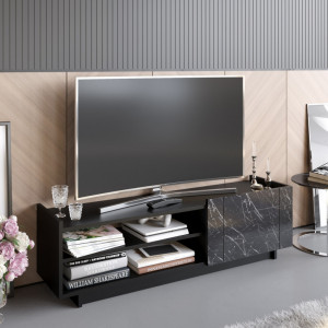 Comoda TV Salvador, Model Valantina, 140x41.4x37.1 cm, Negru/Negru marmorat - Img 1