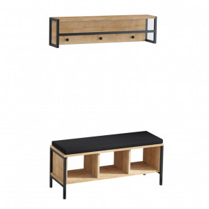 Cuier cu bancuta Model Shana, Stejar/Negru, 100x35x43 cm - Img 3