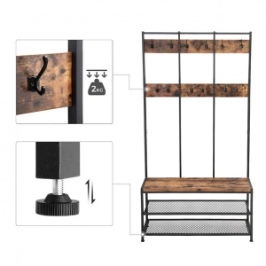 Cuier cu bancuta si suport pantofi Model Carr, Maro Rustic/Negru, 100x40x184 cm - Img 6