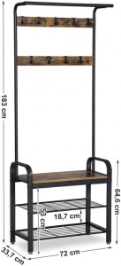 Cuier cu bancuta si suport pantofi Model Clay, Maro Rustic/Negru, 183x72x33.7 cm - Img 6