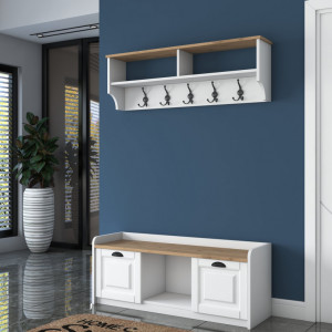 Cuier de hol cu dulap Model Bean, Alb/Nuc, 120x40x45 cm - Img 2