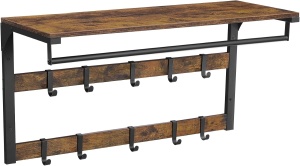 Cuier de perete cu raft, bară pentru umerașe și 10 cârlige detașabile, Maro Rustic/Negru, 80 × 30 × 42 cm