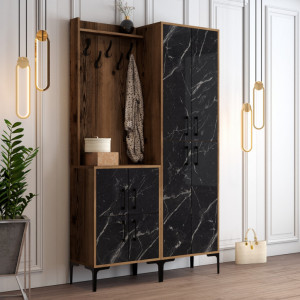 Cuier hol cu dulap Model Berlin, Nuc/Negru Marmorat, 120x35x200 cm - Img 2