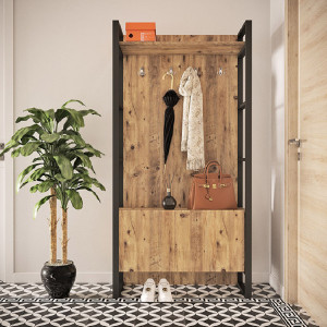 Cuier hol cu dulap Model David, Stejar/Negru, 90x34x180 cm - Img 1