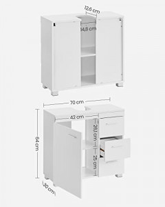Dulap de depozitare pentru lavoar, Vasagle, Alb, 70x30x64 cm - Img 4