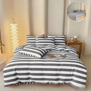 Lenjerie de pat 4 piese, Stripes Gri Inchis, cearșaf cu elastic 180 × 200 cm